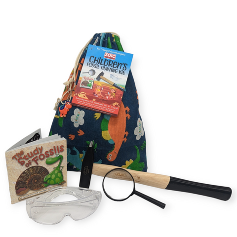 Children's fossil hunting kits, Geological hammer with book, magnifiying glass and safety glasses all stored in dinosaur canvas bags