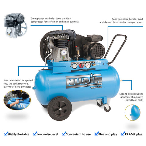 NUAIR 100l TECH-PRO Quiet Air Compressor, 13A, 2.2kW (3HP)